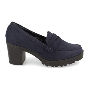 Zapato de Tacon Cuadrado con Plataforma de Goma, Tipo Mocasin con Antifaz. Altura de Tacon: 7 cm. Altura de Plataforma: 3 cm. Talla 38 Azul