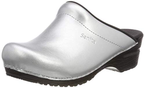 Sanita Sonja PU | Zuecos Abiertos | Producto Artesanal Original para Mujer | Plantilla de Forma anatómica con Espuma Blanda | Plateado | 36 EU