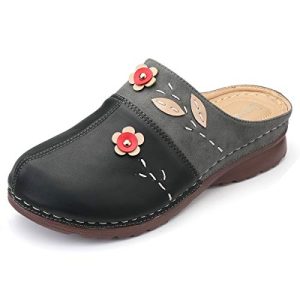 gracosy Zuecos para Mujer Cuero Verano Loafer Tacón Bajo Mules Planos Zapatos Zapatillas de Playa Antideslizantes Sandalias Redondo al Aire Libre