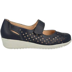PAYMA – Zapatillas Deportivas Merceditas de Piel para Mujer. Zapatos Planos Casual Mercedita Blucher. Cierre Velcro. Piel Flexible. Máxima Comodidad. Color Champagne y Azul Marino.