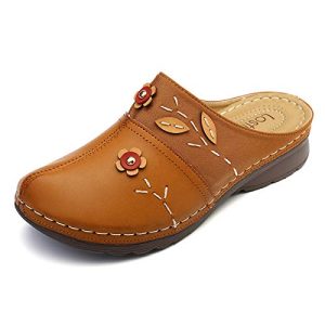 gracosy Zuecos para Mujer Cuero Verano Loafer Tacón Bajo Mules Planos Zapatos Zapatillas de Playa Antideslizantes Sandalias Redondo al Aire Libre