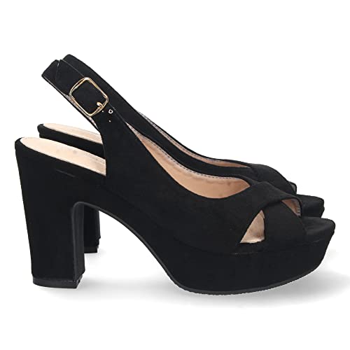 shoes&blues.es 66409-Sandalia de Tacon para Mujer, Comodas, con Pala Cruzada, y Cierre de Hebilla en el Tobillo, Primavera Verano 2022. Talla 37 Negro