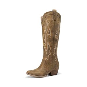 DREAM PAIRS BOTAS ALTAS DE VAQUERA PARA MUJER CÓMODAS CON CREMALLERA LATERAL Y TACÓN GRUESO BORDADAS ESTILO OESTE BOTAS RETRO,Size 38.5,Broncearse,DWUMKB2501