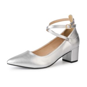 Plilima Zapatos Tacón Alto Mujer Correa en el Tobillo Correas Cruzadas y Puntera Cerrada Zapatos de Salón Clásicos Bombas Bodas y Fiestas (Plateado,38)