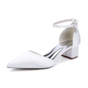 TNMIUH Zapatos de Boda cómodos de tacón bajo para Mujer con tacón de Bloque Punta Cerrada y Tira al Tobillo de satén para Novia Zapatos de Vestir de tacón bajo,Blanca,37 EU