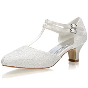 JIAJIA 00968 De Las Mujeres Zapatos de Novia Dedo del pie Cerrado Correa en T Bloquear Tacón bajo Encaje Satinado Zapatillas Zapatos de Boda Color Marfil,Tamaño 40