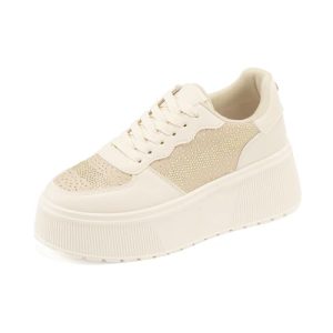 JOMIX Zapatillas Casual Mujer con Purpurina Pedrería Deportivas de Moda con Plataforma Zapatos para Bodas y Fiestas (WSC250122, Beige, 38 EU)