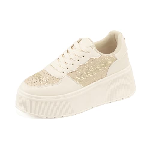JOMIX Zapatillas Casual Mujer con Purpurina Pedrería Deportivas de Moda con Plataforma Zapatos para Bodas y Fiestas (WSC250122, Beige, 38 EU)