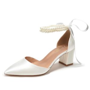Elivandon J1585 Sandalias de Boda Mujer Satén Tacón Alto Medio 6cm Punta Puntiaguda Doble Tira Perlas Zapatos Nupciales Color Marfil,Tamaño 41 EU