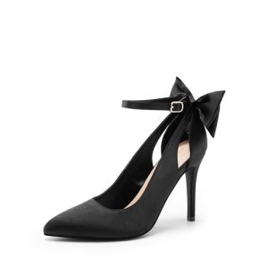 DREAM PAIRS Zapatos de vestir de tacón alto para mujer, con tiras, puntiagudos, con lazo, sexy, para fiesta, boda, Negro satinado., 39 EU