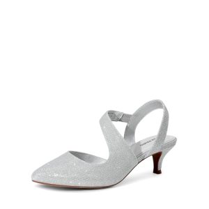 DREAM PAIRS Tacones de gatito para mujer, punta cerrada, puntiaguda, tacón bajo, con tiras, para fiesta, baile, boda, zapatos de vestir para mujer, plateado, 41 EU