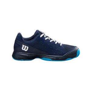 Zapatillas de Tenis Wilson Rush Pro Junior L, para Juego Cómodo y Amortiguación Dinámica, Resistentes a la Abrasión, Color: Azul Marino/Blanco/Azul Atómico, Talla: 35.5K