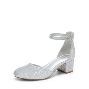 DREAM PAIRS Zapatos de tacón grueso para mujer, con puntera redonda cerrada, tacón bajo, correa de tobillo, zapatos de vestir para boda, oficina, fiesta, plateado, 37.5 EU
