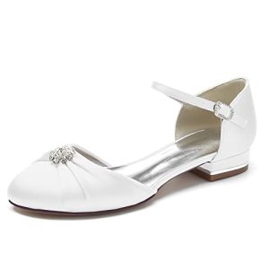 TNMIUH Zapatos de Novia Planos cómodos y de tacón bajo de satén para Mujer con Tiras Ajustables en el Tobillo Elegantes Zapatos de Boda Planos Zapatos de Vestir,Blanca,41 EU