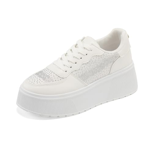 JOMIX Zapatillas Casual Mujer con Purpurina Pedrería Deportivas de Moda con Plataforma Zapatos para Bodas y Fiestas (WSC250122, Blanco, 40 EU)