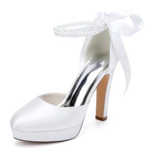 LRMYMHY Mujer Zapatos De Plataforma De Boda para Novia Punta Cerrada Perlas Y Correa En El Tobillo Zapatos De Salón para Vestido De Fiesta,Blanca,36 EU