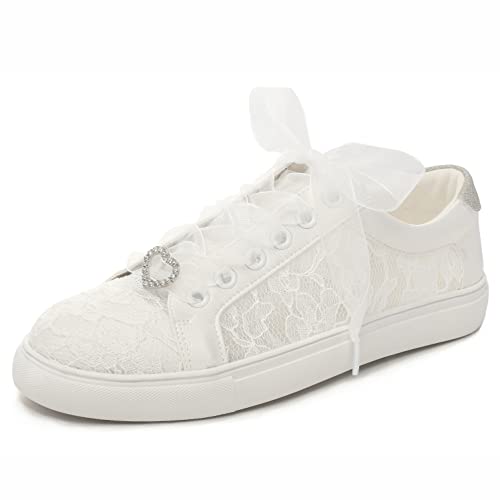 Elivandon 16053 Zapatos de Boda y Tenis Nupciales, Zapatos Deportivos de Encaje Floral Color Marfil, Tamaño 38 EU