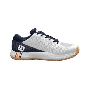 Zapatillas de Tenis Hombre Wilson Rush Pro Ace Clay, Ajuste Seguro y Soporte Dinámico, Malla Transpirable, Ideales para Tierra Batida, Color: Blanco/Azul Marino/Goma, Talla: 342.5