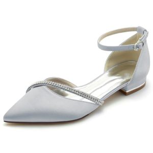 TNMIUH Zapatos de Novia Planos Elegantes Mujer, Puntiagudos,Satén Blanco/Marfilde Cristal, Correa de Tobillo, Cómodos Zapatos de tacón para Novia, Madrina o Invitada de Boda,Plata,41 EU