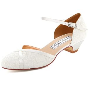 Duosheng & Elegant HC2023 Zapatos Novia Tacon Bajo con Punta Cerrada Comodos Mujer Zapatos Boda de Encaje Marfil 38