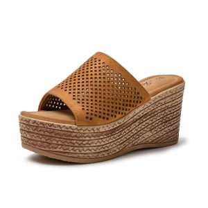 JOMIX Sandalias Mujer Verano con Cuñas Esparto Sandalias Cuña Mujer Piel Sandalias Mujer Comodas Playa Piscina Mar, Marrón, 39 EU