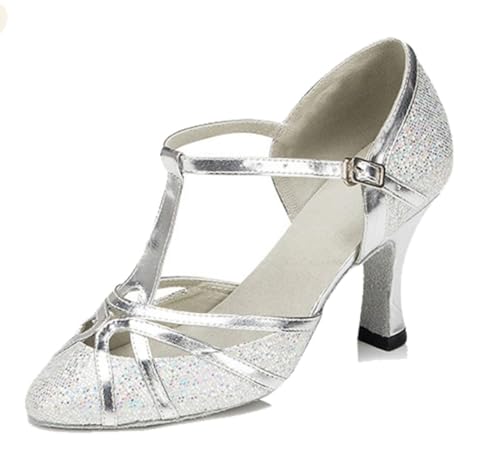 MGM-Joymod T-Starp - Zapatos de Baile Latino sintéticos con Mujer para Bodas Bailes de Baile Latino,L2040 Plateado 8cm Tacón,38 EU