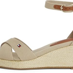 Tommy Hilfiger Alpargatas de cuña Mujer Flag Criss-Cros Mid con correa de tobillo, Beige (Horseradish), 41