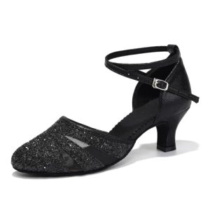 HIPPOSEUS Zapatos de Baile Latino Mujer 5 cm Tacon Bajo Negro Lentejuelas de Salón Cerrados Salsa y Bachata Tango Calzado para Bailar, 40 EU
