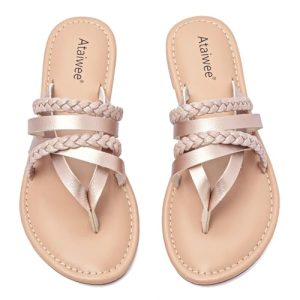 Ataiwee Sandalias Planas para Mujer – Zapato de Verano con Chanclas Cruzadas Trenzadas Informales.(1908023,GD/MF,45)