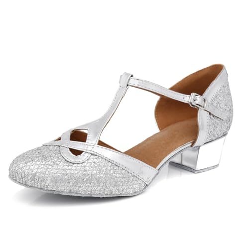 MGM-Joymod T-Starp - Zapatos de Baile Latino sintéticos con Mujer para Bodas Bailes de Baile Latino,L341 Plateado 3.5cm Tacón,42 EU