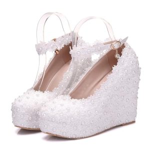 ABJGHYUT Zapatos de Boda de Encaje Blanco Zapatos de tacón de cuña Zapatos de Plataforma Zapatos de cuña de Punta Redonda Zapatos de tacón de cuña Zapatos de Novia,Blanca,35