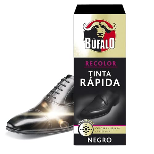 Bufalo Recolor - Tinta Rápida, Colorea y Reaviva la Piel Lisa, Reparaciones y Arreglos de Calzado, Color Negro - Frasco de 25ml, El embalaje puede variar