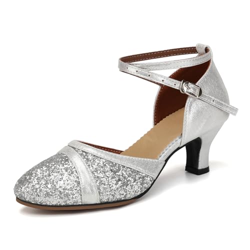 Uonpie Zapatos de Baile Latino Mujer con Lentejuelas Cerrados de Salsa y Bachata Tango Tacon Bajo Plateado, 38.5 EU