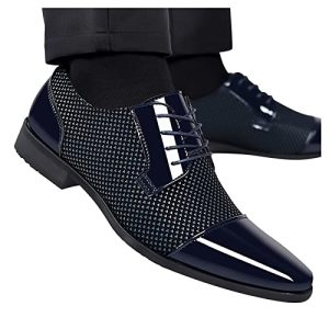 Zapatos de traje, zapatos de negocios, zapatos de piel, elegantes, para hombre, con cordones, de piel, para boda, de noche, con cordones, zapatos formales, zapatos clásicos de charol, O Azul Oscuro
