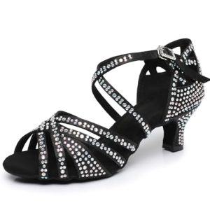 Rosefinch Zapatos de Baile Latino con Diamantes de imitación para Mujer,Moderno Pole Dance Baile de salón Zapatos de Boda Zapatos de latín para niñas Señoras Negro 5cm Tacón 41EU