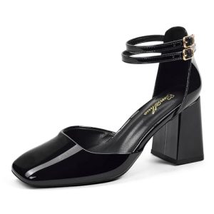 GENSHUO Zapatos de Tacón Grueso para Mujer, Doble Correa al Tobillo, Punta Cuadrada, Tacones Elegantes y Cómodos para Vestimenta Formal, Charol Negro, 38 EU