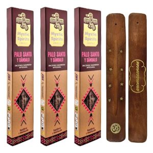 AROMASENSES | Pack 3 Inciensos Mystic Spirits Palo Santo con Sandalo | 3 Cajetillas de 8 Varillas + 1 Tablilla de Madera | Sahumerio Artesanal | Esotérico | Purificación
