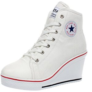 wealsex Mujer Cuñas Zapatos De Lona High-Top Zapatos Casuales Encaje Talla Grande (Blanco,42)