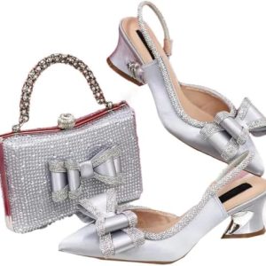 Elegante de la Mujer Tacones de Fiesta Bordado Zapatos Bolsa Set Combo Puntiagudo Tacones de con Cuadrado Diamantes de imitación Bolsa Adecuado para Fiesta Boda (Plateado,39)