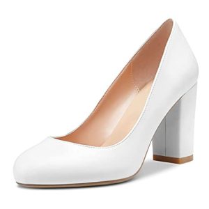 HDEUOLM Mujer Chunky Ancho Alto High Heel Cerrado el Dedo del pie Redonda Punta Pumps Slip-on de Boda Oficina Cute Zapatos 8CM Heels Blanco Matte 38 EU