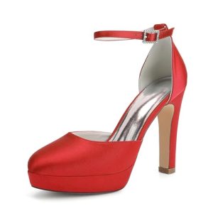 Mujer Cerrada Punta Redonda Zapatillas De Vestir De Plataforma Tacón Gruesos Alto Zapatos De Boda para Novia Correa De Tobillo Zapatos De Noche Fiesta De Graduación,Rojo,35 EU