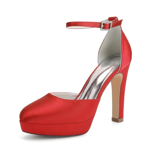 Mujer Cerrada Punta Redonda Zapatillas De Vestir De Plataforma Tacón Gruesos Alto Zapatos De Boda para Novia Correa De Tobillo Zapatos De Noche Fiesta De Graduación,Rojo,35 EU