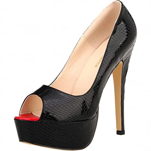 QIANKUN Tacones altos para mujer, zapatos de fiesta, zapatos de boda, con plataforma abierta, diseño de cocodrilo, zapatos de boda, negro, 39