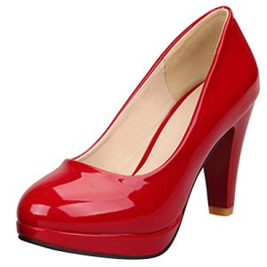 Bviennic Mujer Closed Toe Tacón Alto Pump Boda Vestido Elegante Punta Redonda Bride Verano Fiesta Charol Plataforma Zapatos Sin Cordones Rojo Talla 39 Eu-40Cn
